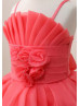 Adjustable Straps Beaded Coral Organza Satin Flower Girl Dress